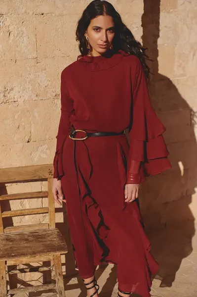 Trendyol X AI Burgundy Ruffle Detailed Woven Skirt