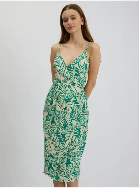 Orsay Krémovo-zelené dámské vzorované lněné midišaty - Dámské