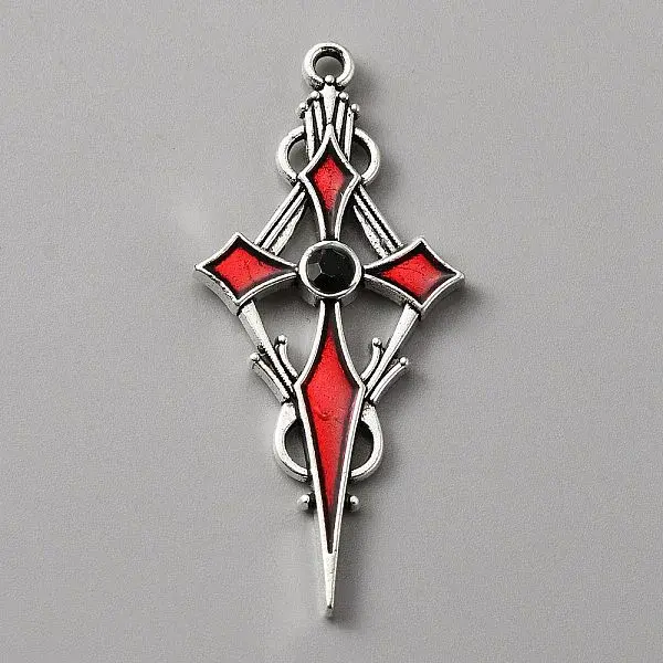 Jet Rhinestone Cross Pendatn with Red Enamel