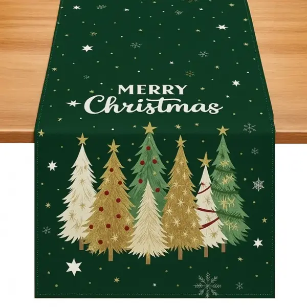 Lněný vánoční běhoun STARLIT TREES 33x180 cm, zelený