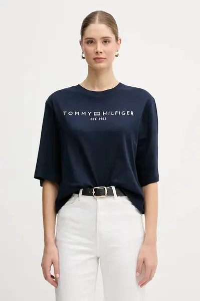 Bavlněné tričko Tommy Hilfiger dámské, tmavomodrá barva, WW0WW47811