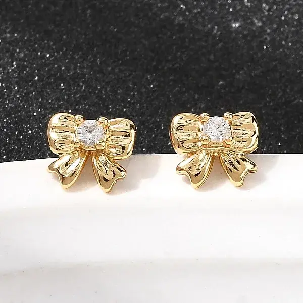 Bowknot Brass Micro Pave Clear Cubic Zirconia Stud Earrings