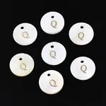 Natural Freshwater Shell Flat Round Charms with Gold Stamping Letter Q