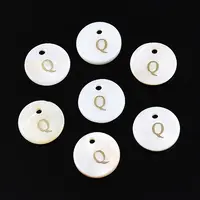 Natural Freshwater Shell Flat Round Charms with Gold Stamping Letter Q