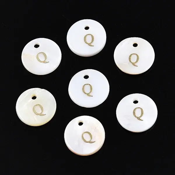 Natural Freshwater Shell Flat Round Charms with Gold Stamping Letter Q