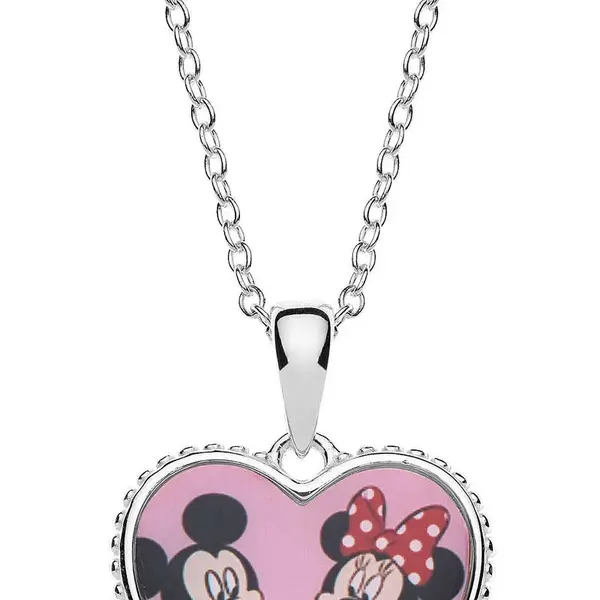 Disney Romantický stříbrný náhrdelník Minnie and Mickey Mouse (řetízek, přívěsek)