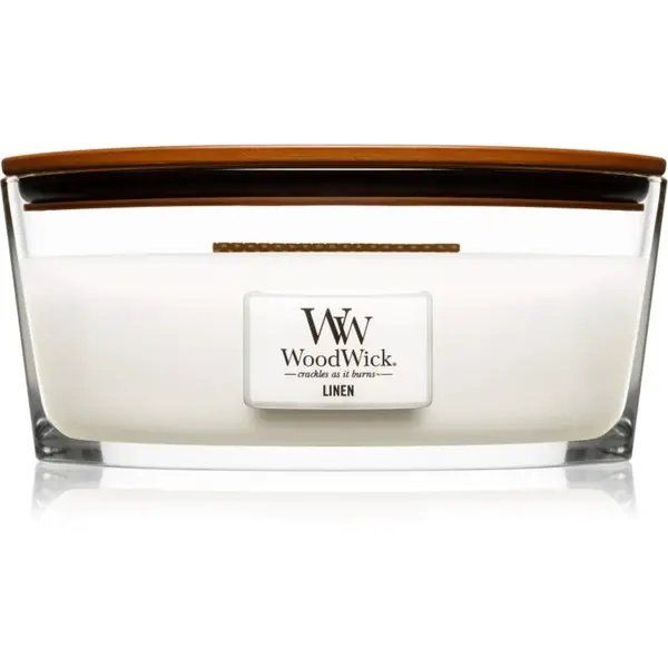 Woodwick Linen vonná svíčka s dřevěným knotem (hearthwick) 453.6 g