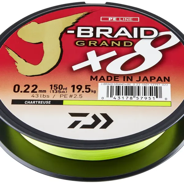 Daiwa splétaná šňůra j-braid grand x8e chartreuse 270 m - 0,22 mm 19,5 kg