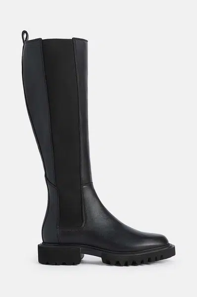 Vysoké čižmy AllSaints Maeve Boot dámske, čierna farba, na plochom podpätku, W098FB