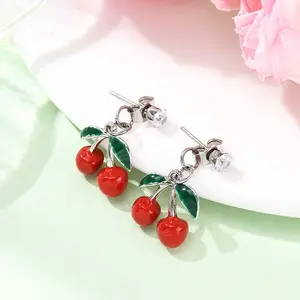 Cherry Alloy Enamel Dangle Stud Earrings