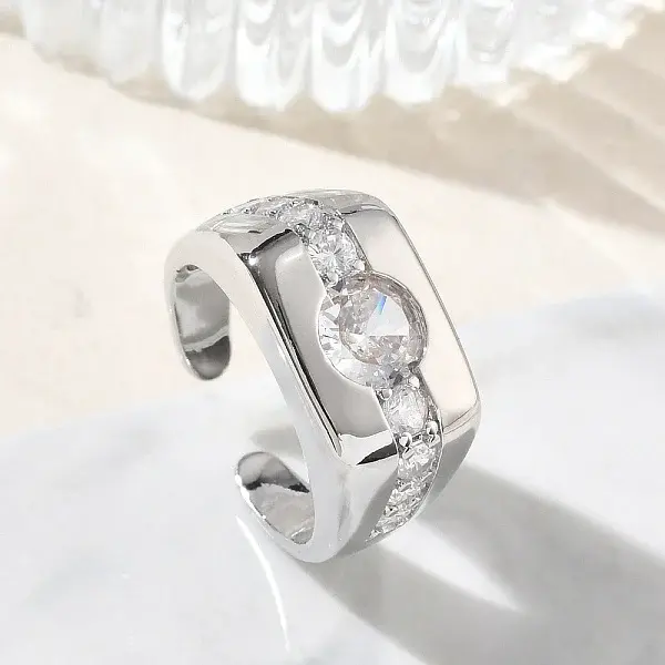 Brass Micro Pave Cubic Zirconia Cuff Open Rings for Women