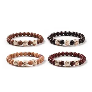4Pcs Cross Pattern Wood Beads Stretch Bracelets Set for Women Men