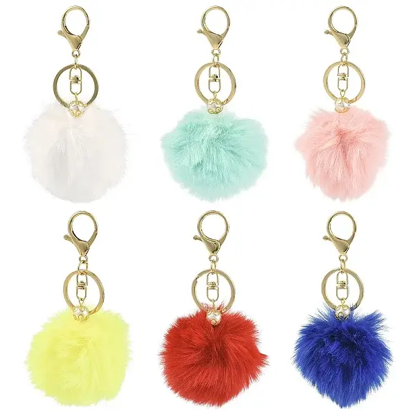 6Pcs Handmade Faux Rabbit Fur Pom Pom Ball Keychains