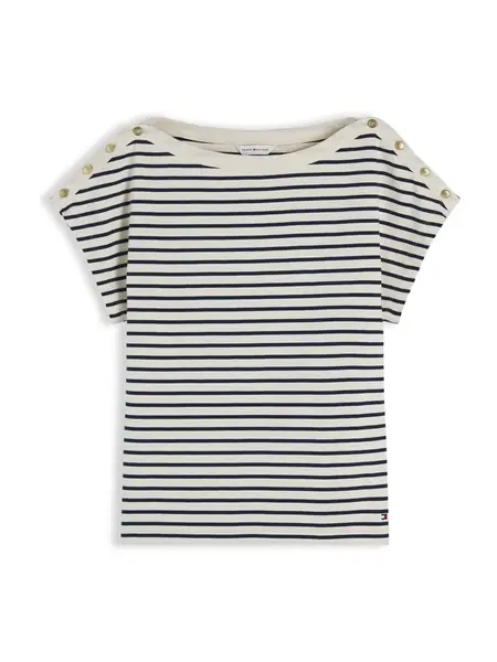 TOMMY HILFIGER Tričko 'Gold-tone Button'  svetlobéžová / námornícka modrá