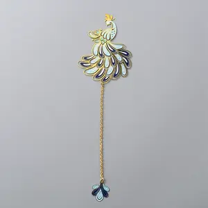 Chinese Style Brass Enamel Peacock Pendant Bookmarks