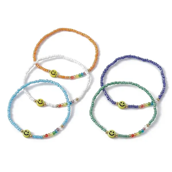Acrylic Smiling Face & Seed Beaded Stretch Bracelet