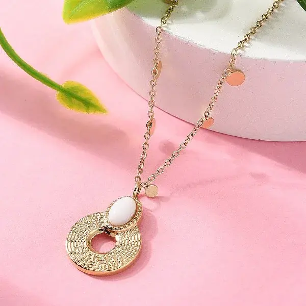 304 Stainless Steel & Oval White Glass Donut Pendant Necklaces for Women