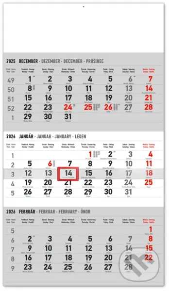 NOTIQUE Nástenný kalendár 3-mesačný štandard 2026 - sivý