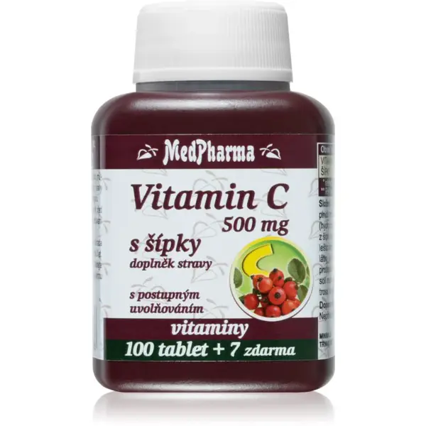 MedPharma Vitamin C 500mg so šípkami, s postupným uvoľňovaním tablety na podporu imunitného systému, pre krásnu pleť a nechty s vitamínom C 107 tbl