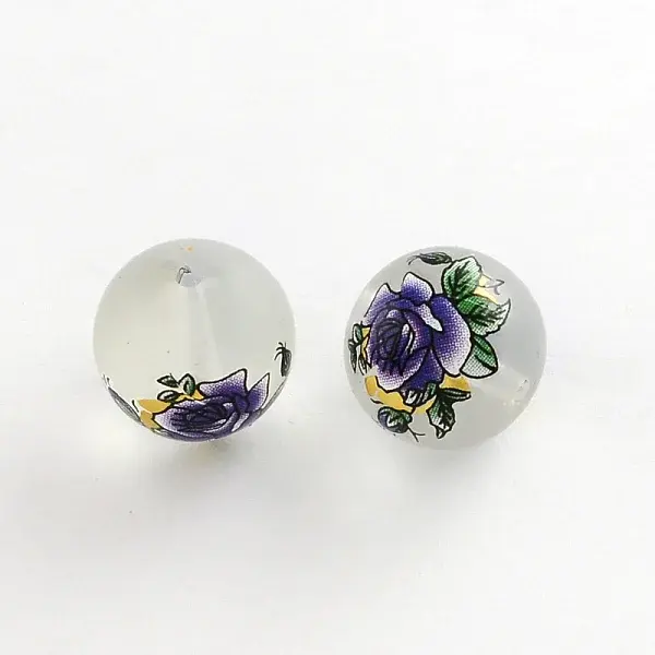 Flower Picture Frosted Transparent Glass Round Beads