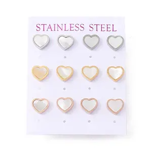 6 Pairs Natural White Shell Heart Stud Earrings