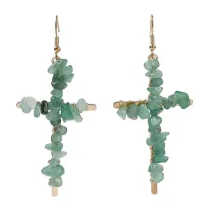 Natural Aventurine Cross Dangle Earrings