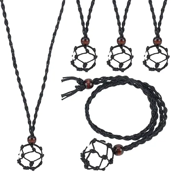 6Pcs Adjustable Waxed Cord Macrame Pouch Empty Stone Holder Necklace Making