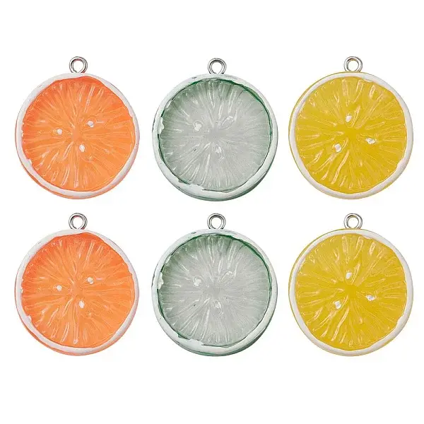 6Pcs 3 Colors Flat Round Resin Fruit Pendants