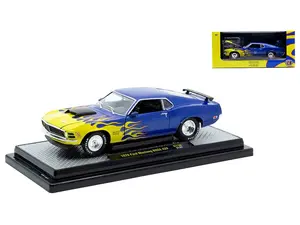 1970 Ford Mustang BOSS 429 Blue Metallic with Flame Graphics Limited Edition to 6650 pieces Worldwide 1/24 Diecast Model Car by M2 Machines