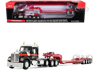 Kenworth W990 Heavy Haul Day Cab and Magnitude Tri-Axle Lowboy Trailer with Flip Tail "Mammoet" Black and Red 1/64 Diecast Model by DCP/First Gear