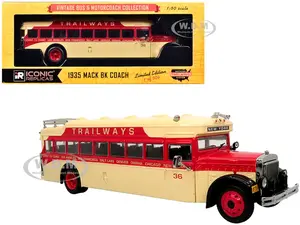 1935 Mack BK Coach Bus "Trailways" Beige and Red "Vintage Bus &amp; Motorcoach Collection" Limited Edition to 504 pieces Worldwide 1/50 Diecast Model
