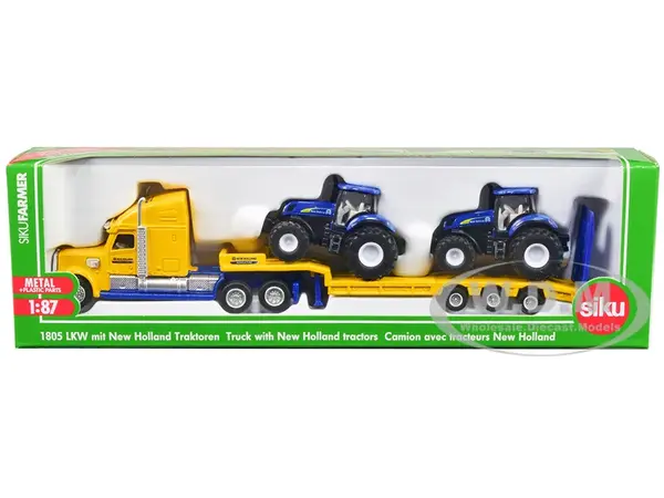 Tractor Truck Yellow with 2 New Holland T7070 Tractors Blue 1/87 (HO) Diecast Models by Siku