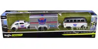 Volkswagen Samba Bus Dark Gray Metallic and White with Volkswagen Beetle White Metallic and Enclosed Car Trailer Silver "Toyo Tires" "Team Haulers" S