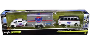 Volkswagen Samba Bus Dark Gray Metallic and White with Volkswagen Beetle White Metallic and Enclosed Car Trailer Silver "Toyo Tires" "Team Haulers" S