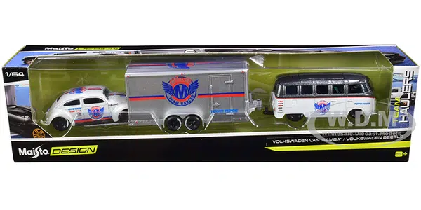 Volkswagen Samba Bus Dark Gray Metallic and White with Volkswagen Beetle White Metallic and Enclosed Car Trailer Silver "Toyo Tires" "Team Haulers" S