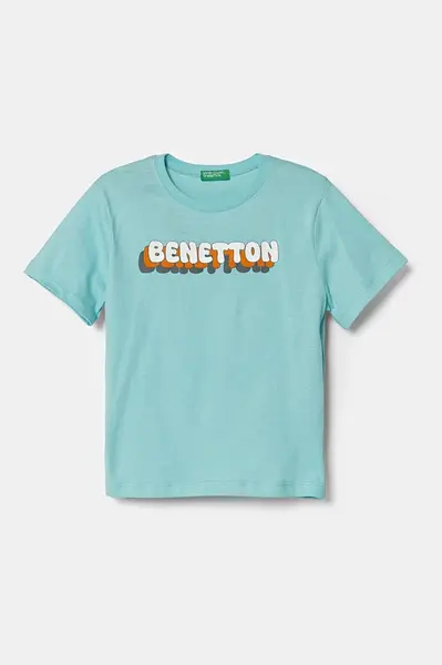 Dětské bavlněné tričko United Colors of Benetton tyrkysová barva, s potiskem, 3I1XG10HT