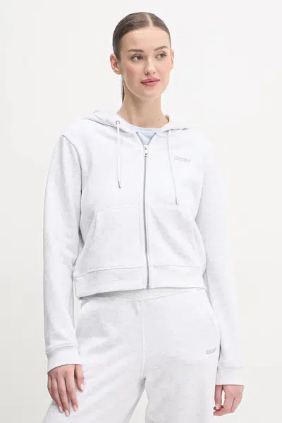 Mikina Dkny dámská, šedá barva, s kapucí, hladká, DP5J9508