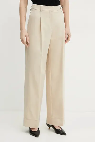 Kalhoty s příměsí lnu BOSS Orange béžová barva, high waist, 50546207