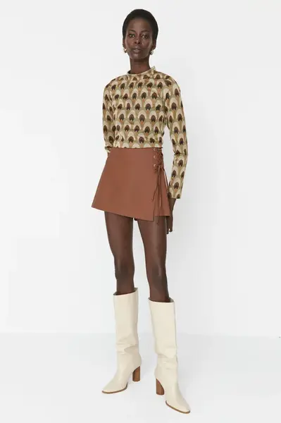 Trendyol hnědá krajková a očková detailní tkaná sukně šortky