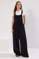 Trendyol Čierna Vesta Formálne Ľanový Vzhľad Široké Nohavice Tkaný Overal