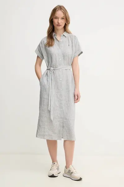 Lněné šaty Tommy Hilfiger tmavomodrá barva, midi, WW0WW44653