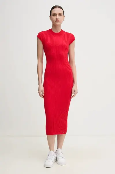 Šaty Tommy Hilfiger červená barva, midi, WW0WW44493