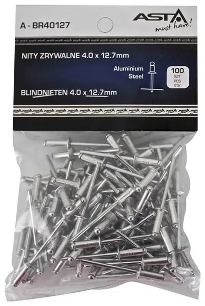 Trhací nýty hliník-ocel, 4,0 x 12,7 mm, s plochou hlavou, sada 100 ks - ASTA Velikost: 4.0x12.7 mm