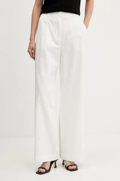 Kalhoty s příměsí lnu Sisley dámské, bílá barva, široké, high waist, 4W7HLF06X