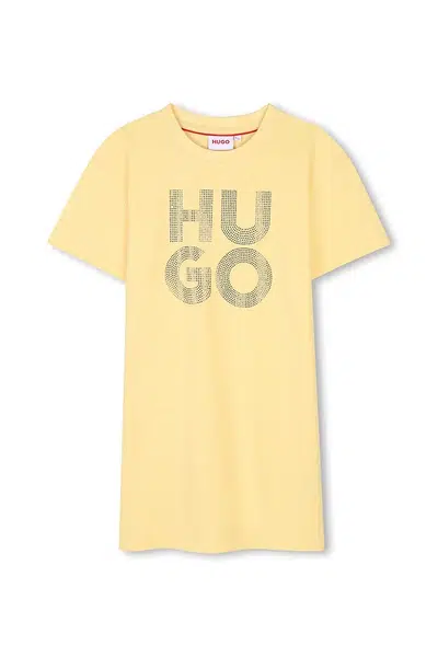 Dětské bavlněné šaty HUGO žlutá barva, mini, G00410