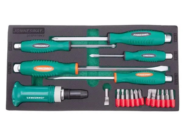 Modul pěnový - úderové šroubováky ploché a křížové, s bity, 19 dílů - JONNESWAY D70PS119KV