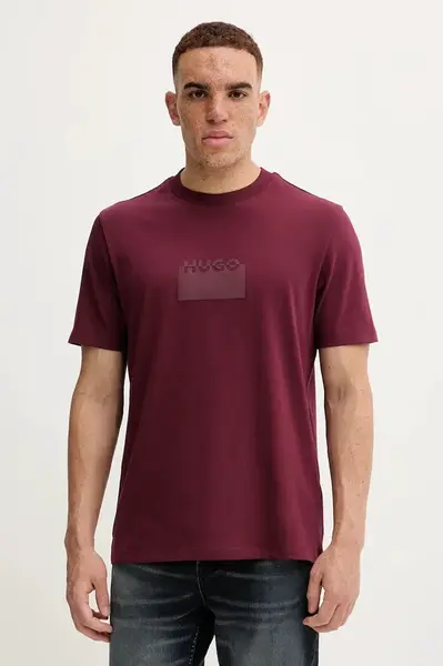 Bavlněné tričko HUGO Delastio pánské, vínová barva, s potiskem, 50546867