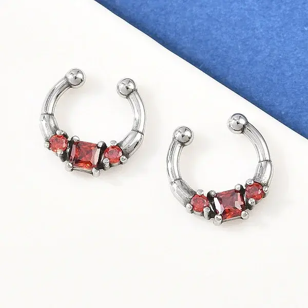 316 Stainless Steel Pave Red Cubic Zirconia Clip on Hoop Nose Rings