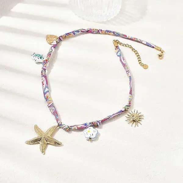 304 Stainless Steel Starfish Sun Heart & Ceramic Fish Flower Pendant Printed Polyester Cord Necklaces for Women