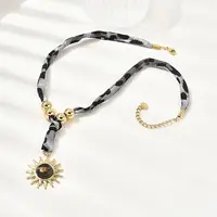 304 Stainless Steel with Natural Tiger Eye Sun Pendant Leopard Print Polyester Cord Necklaces for Women
